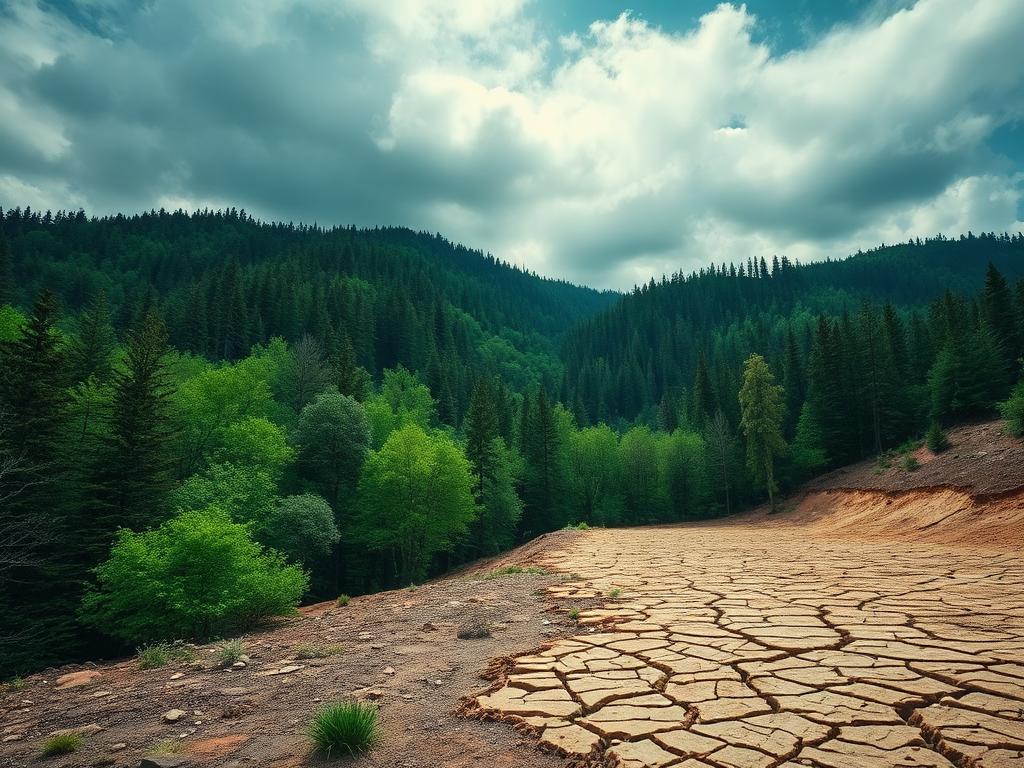 Forest meeting dry cracked earth, climate change
