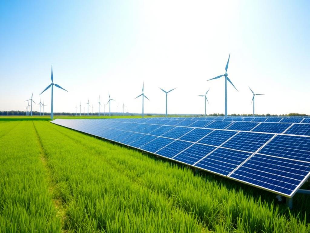Solar panels and wind turbines in a green field