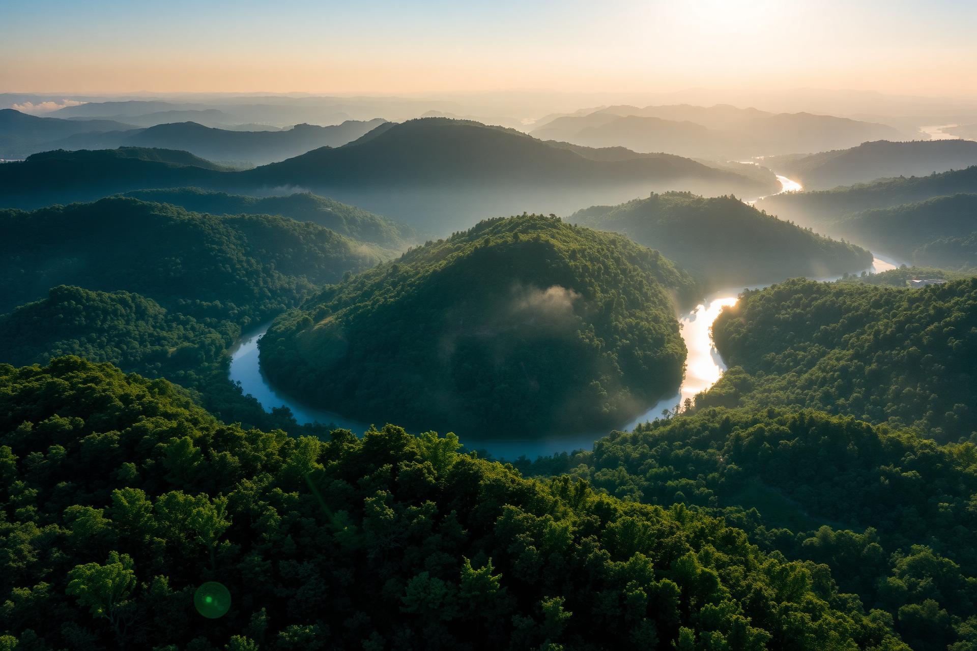 Lush green forest landscape at sunrise