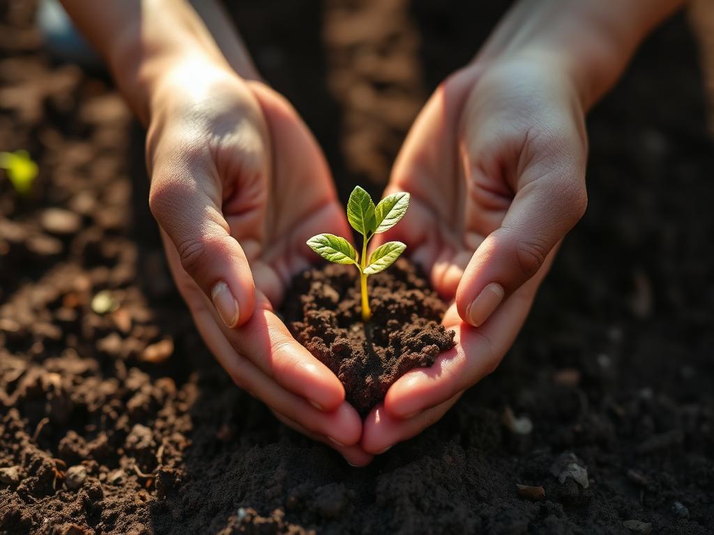 Hands holding a young seedling in soil