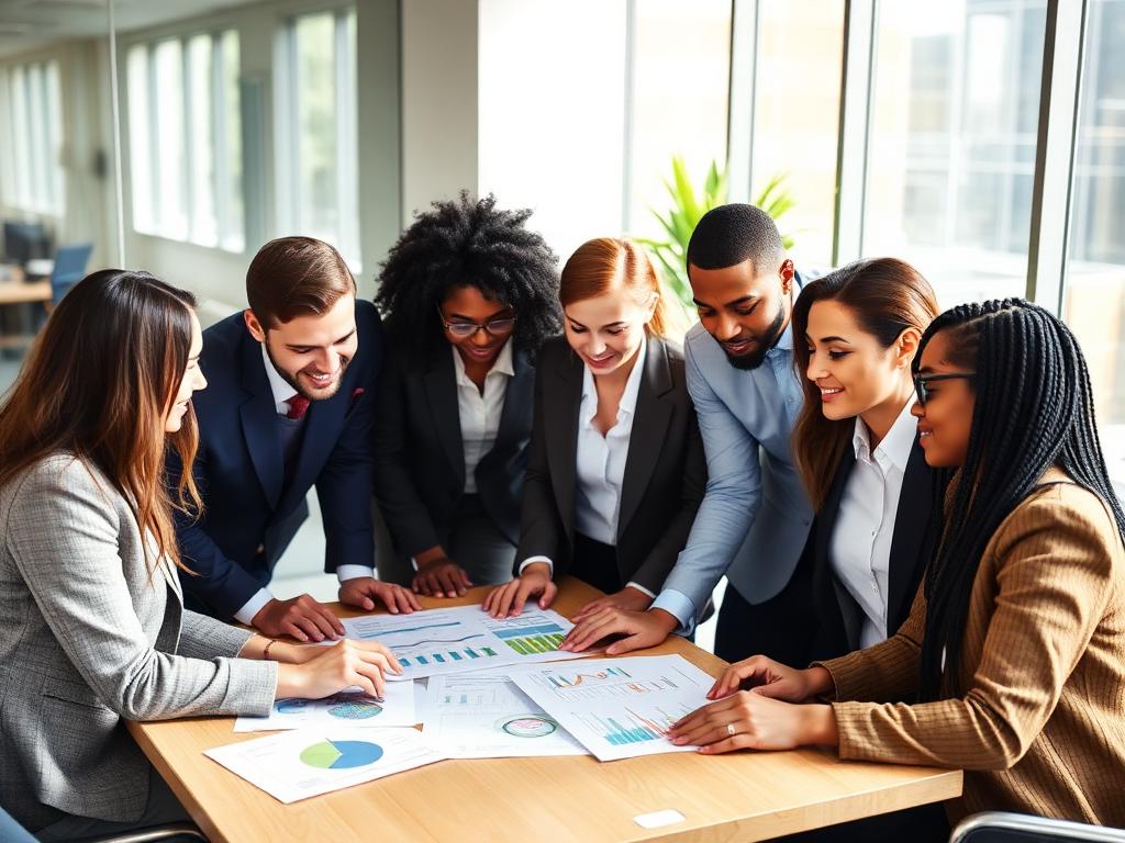 Diverse professional team reviewing sustainability reports
